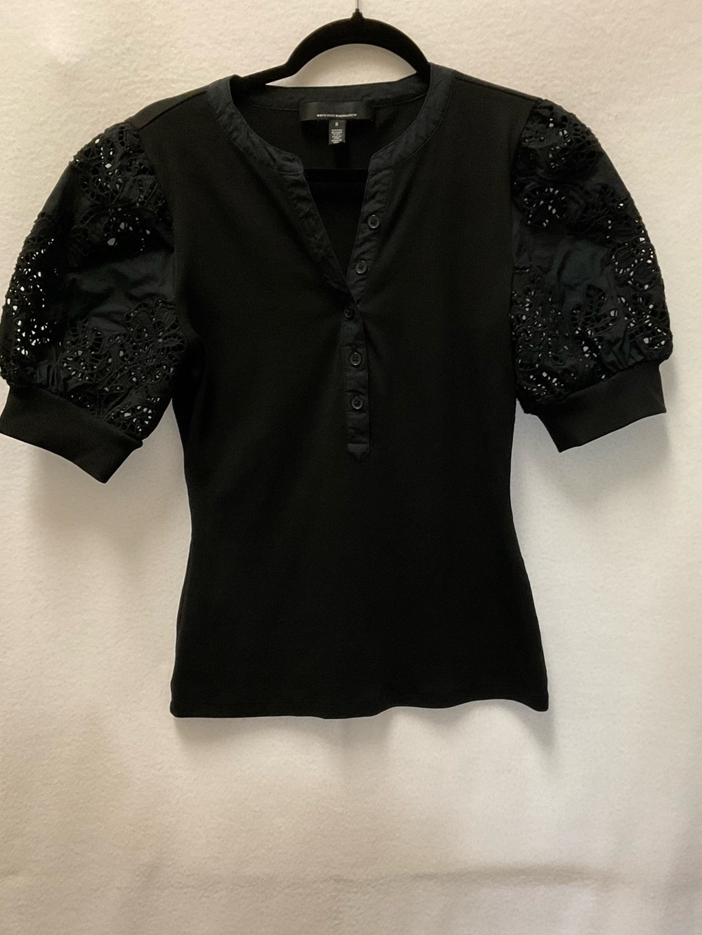 Black Eyelet Puff Sleeve Henley Top - Picture 4 of 7